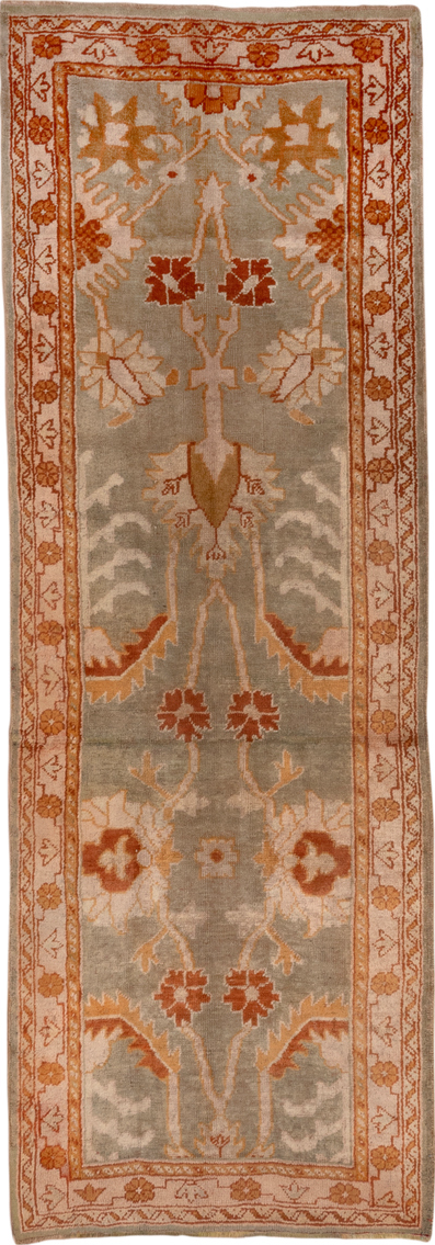 3' x 9' one-of-a-kind handmade vintage Oushak runner rug. Color palette: brown, off-white, pink, red, saddle brown, snow