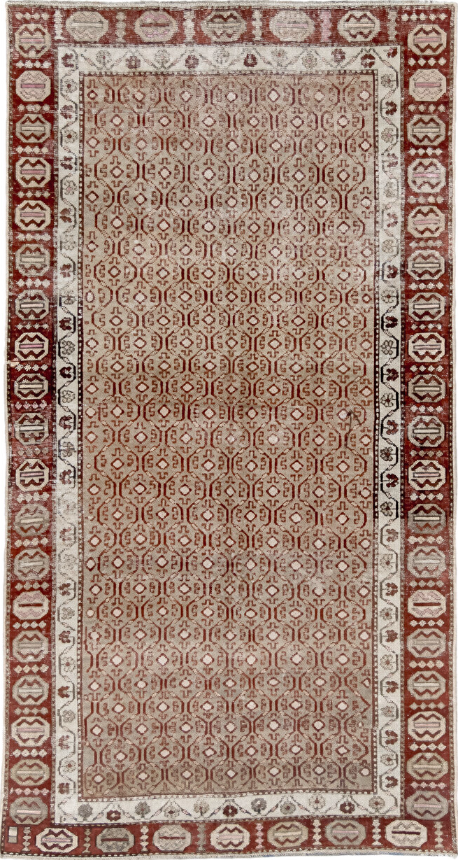 4' x 7' one-of-a-kind handmade vintage Anatol rug. Color palette: black, brown, gray, light gray, off-white, pink, red