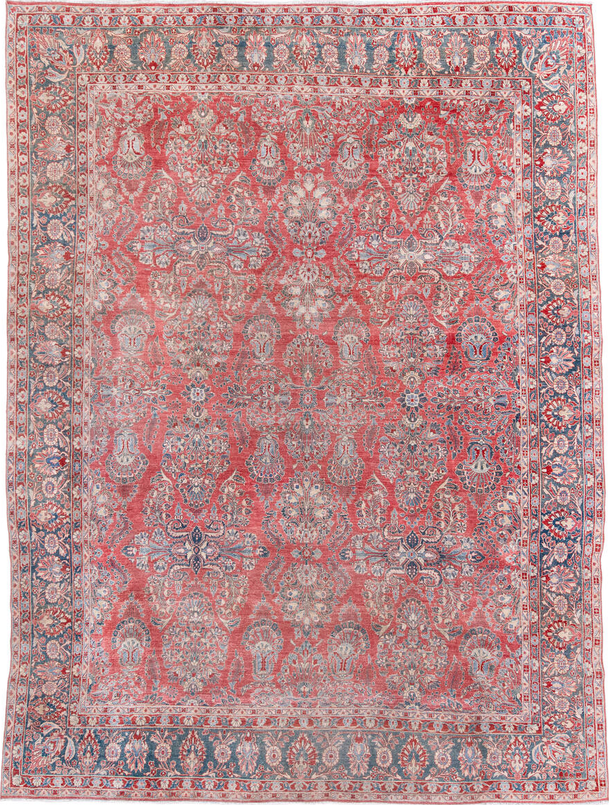 13' x 10' one-of-a-kind handmade vintage rug. Color palette: blue, brown, dark gray, dim gray, gray, indian red, light gray