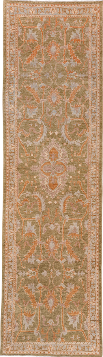 3' x 11' one-of-a-kind handmade vintage Oushak runner rug. Color palette: brown, gray, off-white, orange, pink, snow, white