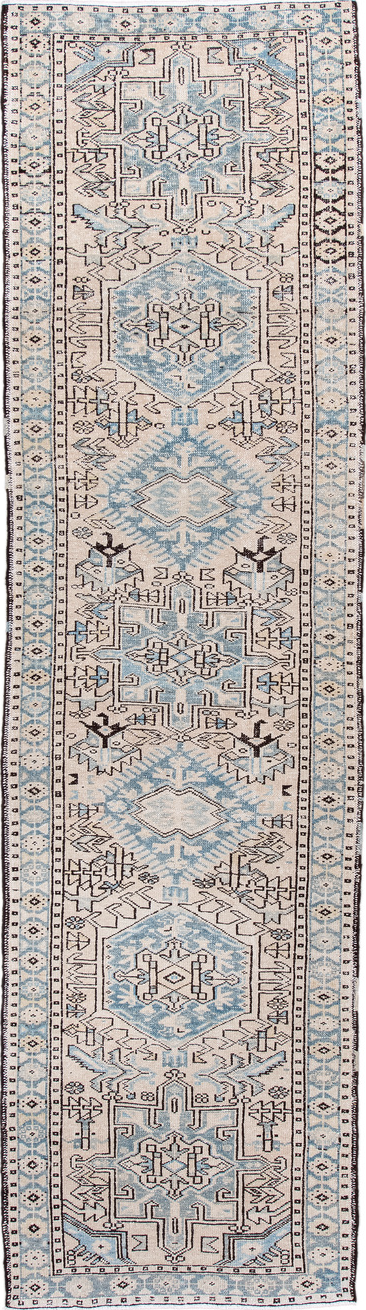 3' x 11' one-of-a-kind handmade vintage Karaje runner rug. Color palette: antiquewhite, black, brown, dark gray, dim gray