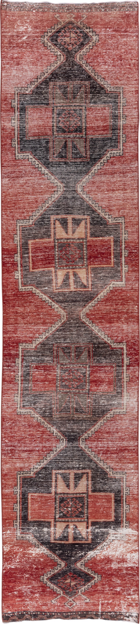 2' x 12' one-of-a-kind handmade vintage Oushak runner rug. Color palette: brown, gray, light gray, off-white, pink, red