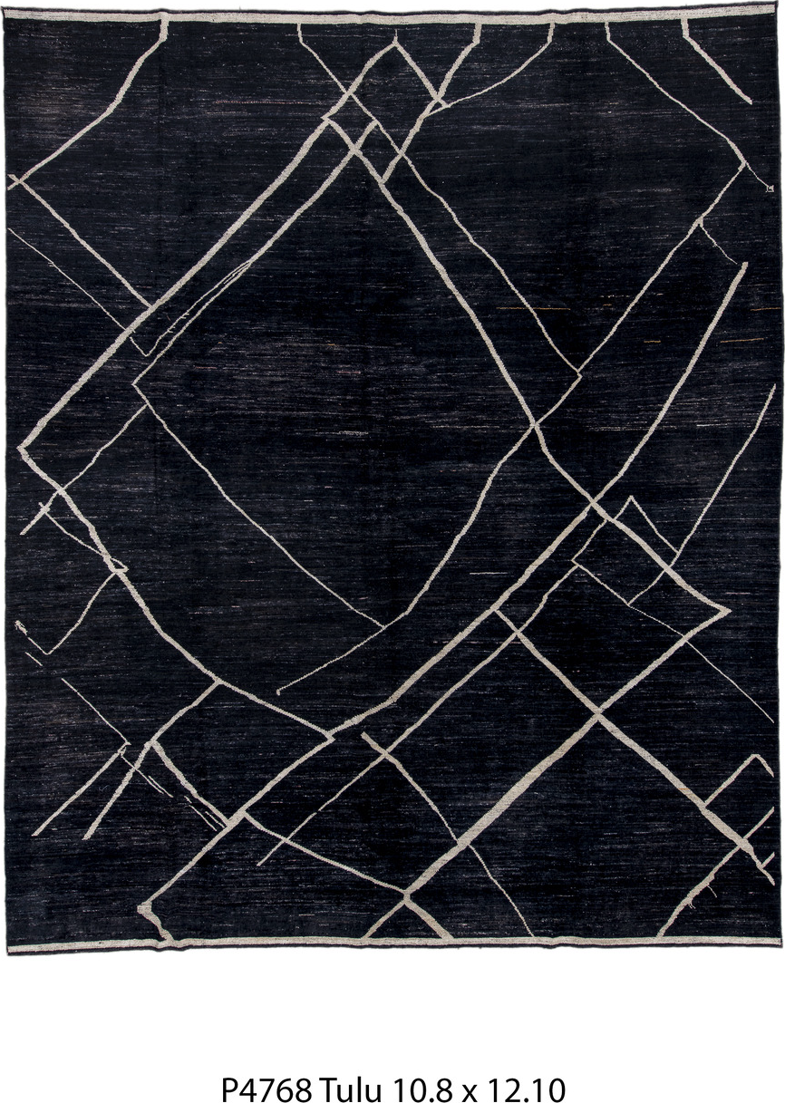10' x 12' one-of-a-kind handmade vintage Tulu large size rug. Color palette: black, blue, gainsboro, gray, light gray
