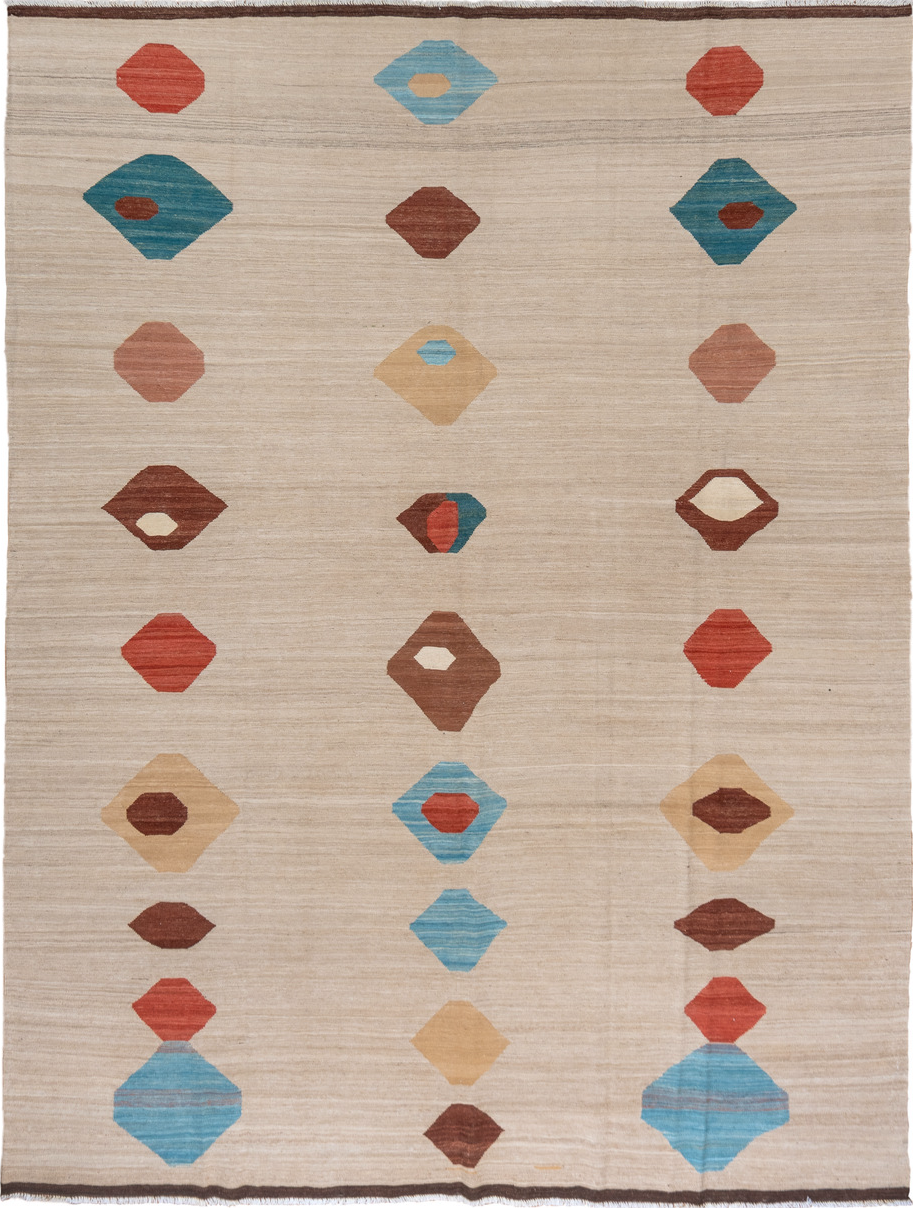 8' x 11' one-of-a-kind handmade vintage Kilim large size rug. Color palette: blue, brown, gray, light gray, off-white, pink