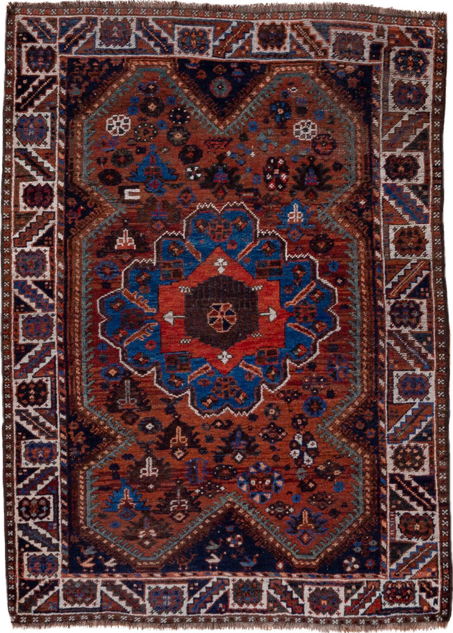 3' x 5' one-of-a-kind handmade vintage Shiraz small size rug. Color palette: blue, brown, dim gray, gray, light gray, pink