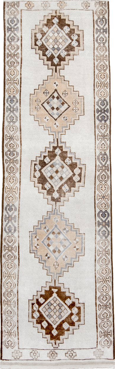 3' x 13' one-of-a-kind handmade vintage Kars runner rug. Color palette: brown, dark gray, gainsboro, gray, light gray