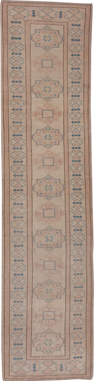 2' x 11' one-of-a-kind handmade vintage Oushak runner rug. Color palette: brown, dim gray, gray, pink