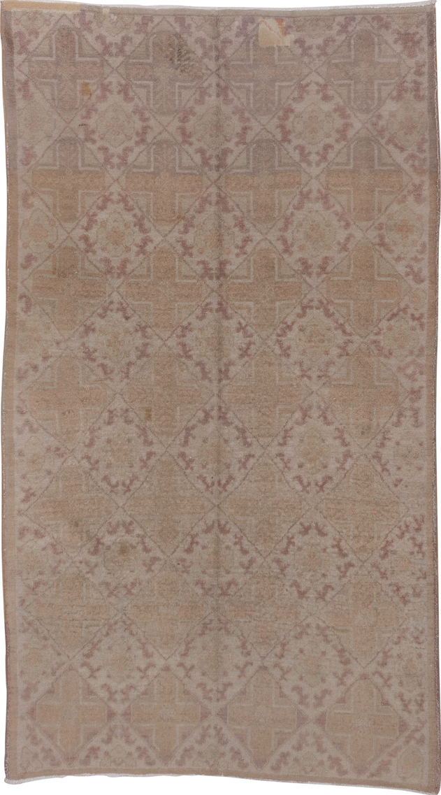 4' x 8' one-of-a-kind handmade vintage Oushak rug. Color palette: brown, gray, light gray, off-white, pink, snow, white