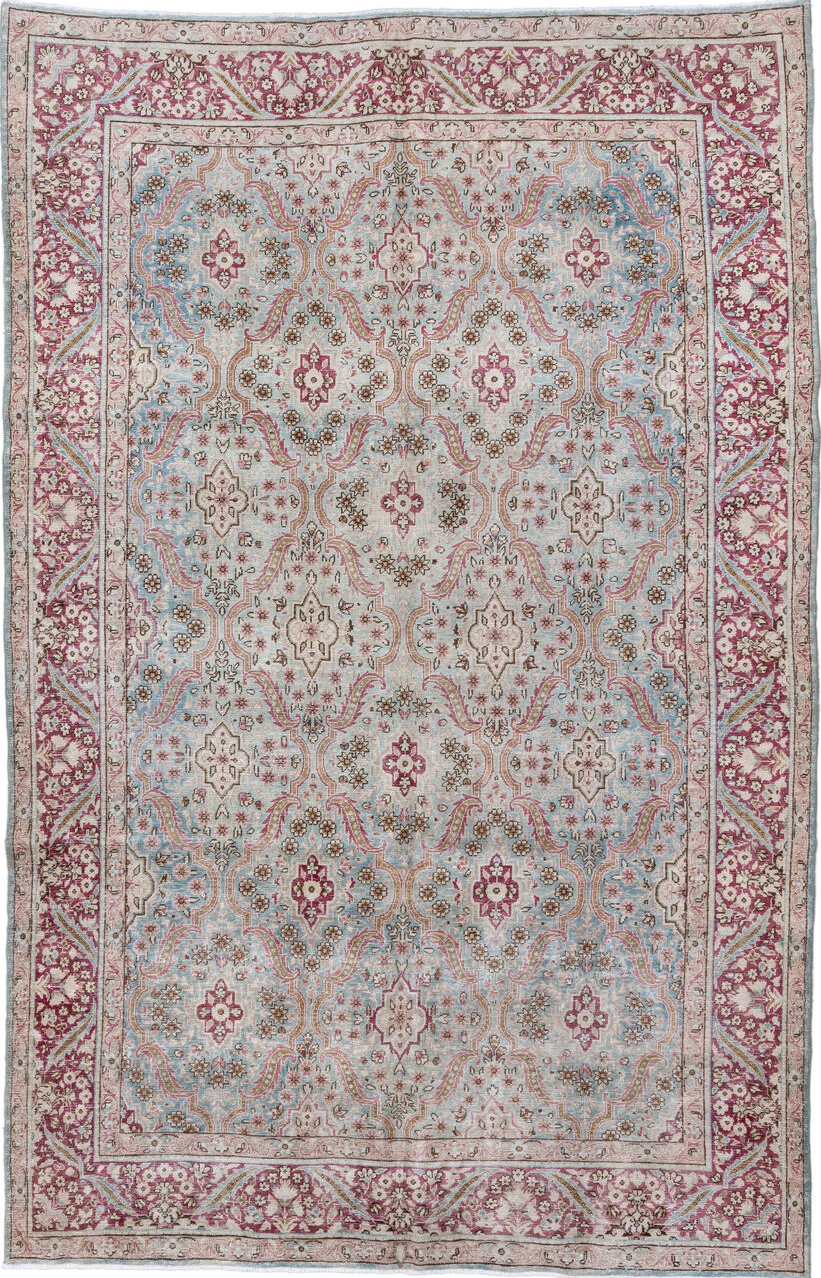 6' x 9' one-of-a-kind handmade vintage Kerman medium size rug. Color palette: brown, dim gray, gainsboro, gray, light gray