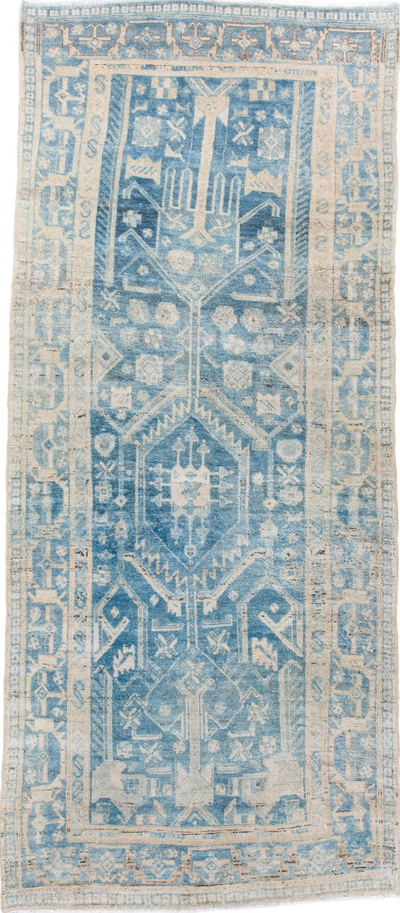4' x 9' one-of-a-kind handmade vintage Bidjar runner rug. Color palette: black, blue, dark gray, dim gray, gainsboro, gray