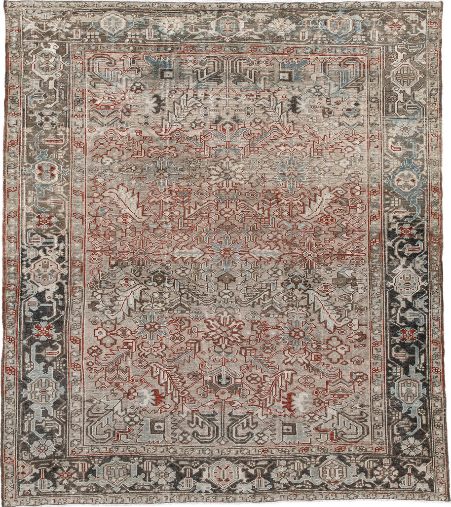 7' x 8' one-of-a-kind handmade vintage Heriz rug. Color palette: black, brown, gray, light gray, off-white, pink, red