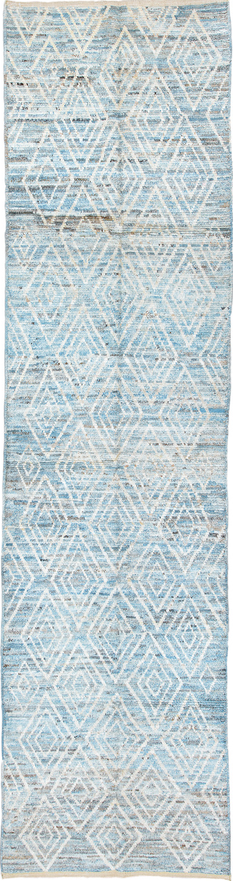 3' x 12' one-of-a-kind handmade vintage Tulu runner rug. Color palette: blue, dark gray, dim gray, gainsboro, gray