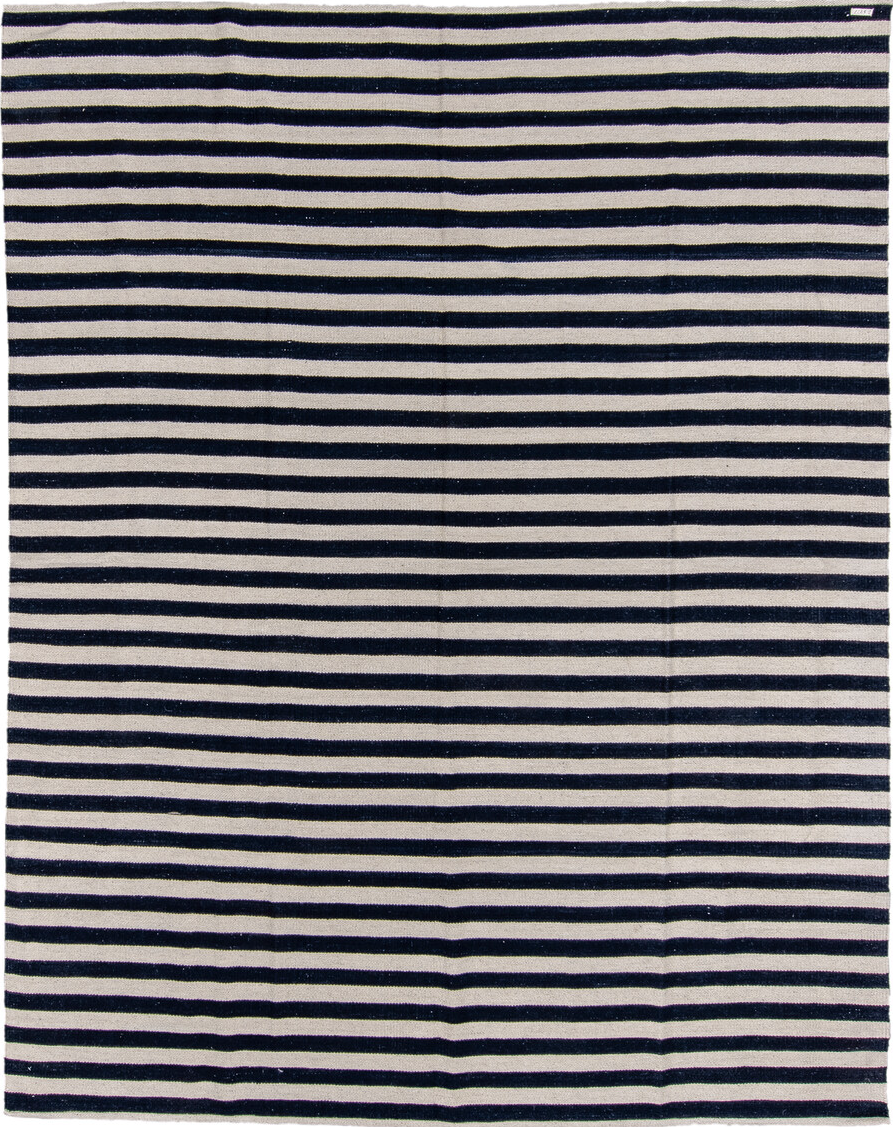 7' x 9' one-of-a-kind handmade vintage Kilim rug. Color palette: black, brown, gainsboro, gray, light gray, linen, off-white