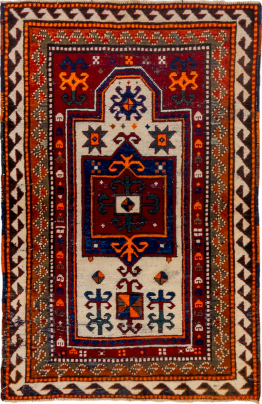 3' x 4' one-of-a-kind handmade vintage Kazak small size rug. Color palette: brown, gray, pink, red