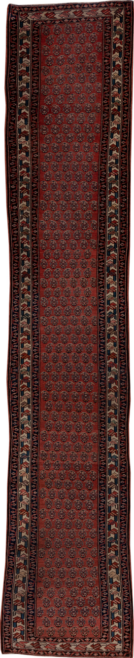 2' x 14' one-of-a-kind handmade vintage Saraband runner rug. Color palette: black, brown, off-white, pink, red, snow, white