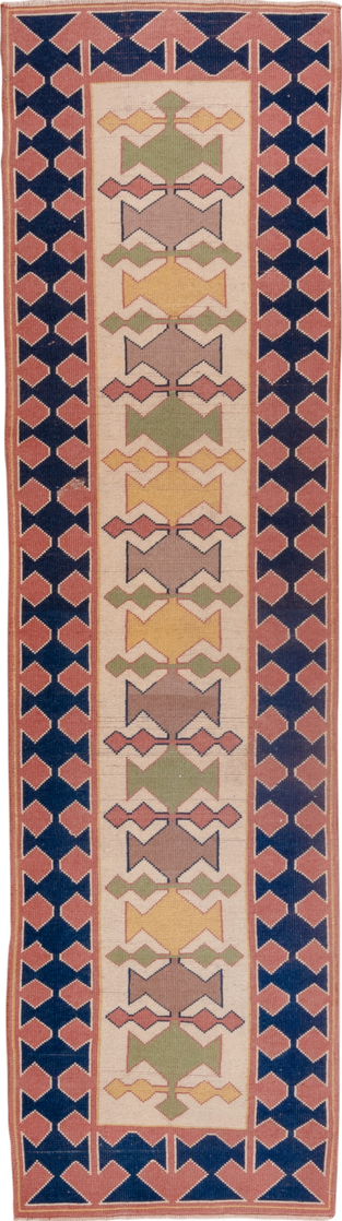 2' x 9' one-of-a-kind handmade vintage Oushak runner rug. Color palette: blue, brown, gray, pink