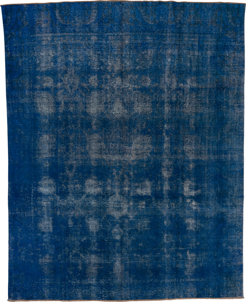 9' x 11' one-of-a-kind handmade vintage Overdyed large size rug. Color palette: blue, fiord, gray, light blue, light gray