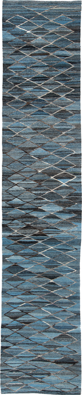 3' x 16' one-of-a-kind handmade vintage Kilim runner rug. Color palette: black, blue, charcoal, dark gray, dim gray, gray