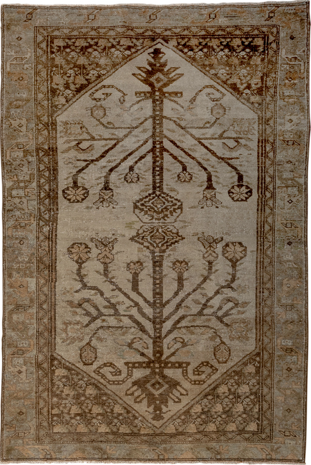 3' x 5' one-of-a-kind handmade vintage Malayer small size rug. Color palette: brown, gray, light gray, off-white