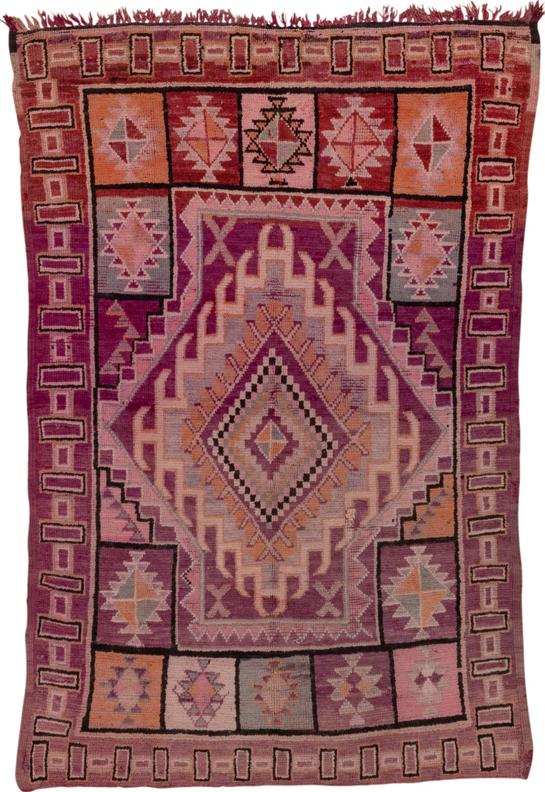 5' x 8' one-of-a-kind handmade vintage Moroccan medium size rug. Color palette: brown, gray, pink, red, rosy brown