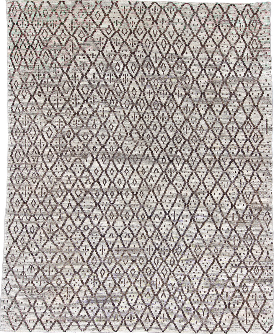 9' x 12' one-of-a-kind handmade vintage Tulu large size rug. Color palette: black, dark gray, gainsboro, gray, light blue