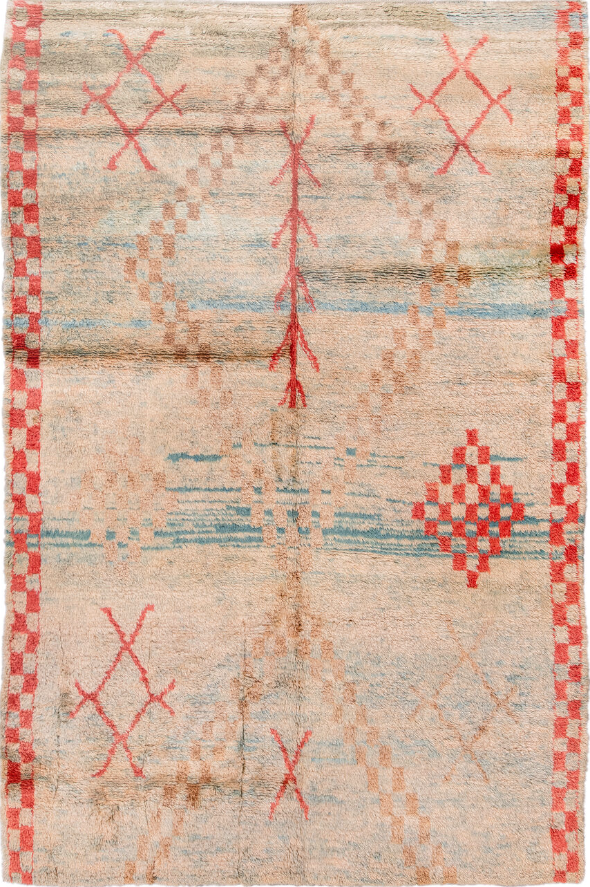 6' x 10' one-of-a-kind handmade vintage Moroccan large size rug. Color palette: brown, gray, light gray, off-white, pink