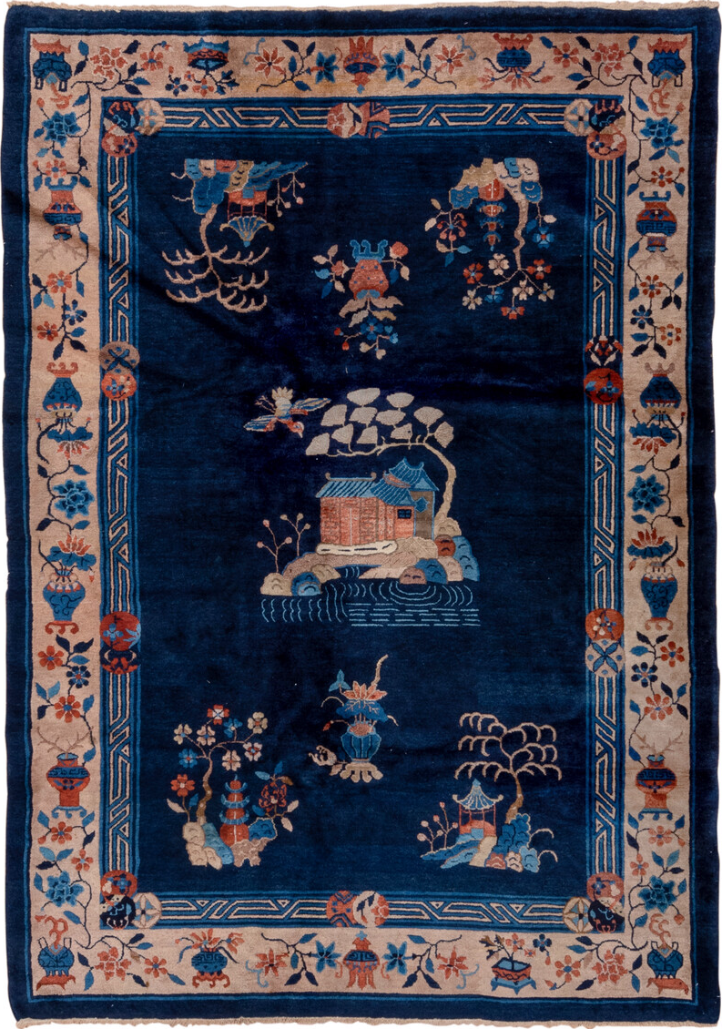 6' x 8' one-of-a-kind handmade vintage Chinese medium size rug. Color palette: black, blue, brown, gray, off-white, pink