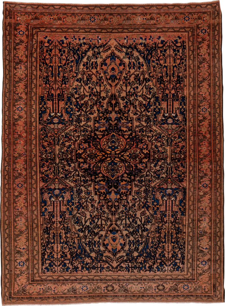 5' x 6' one-of-a-kind handmade vintage Malayer rug. Color palette: black, brown, gray, pink, redwood
