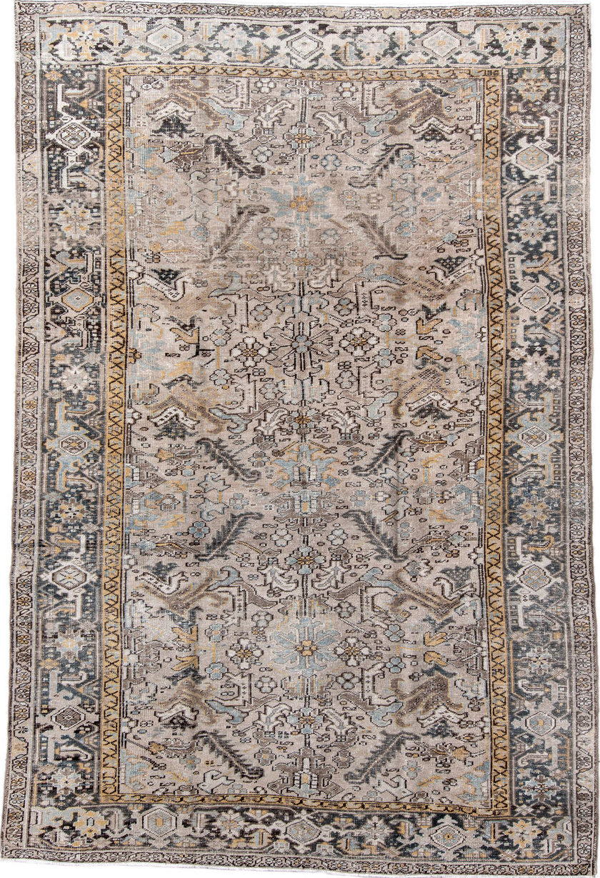 7' x 11' one-of-a-kind handmade vintage Heriz large size rug. Color palette: black, blue, brown, charcoal, dim gray