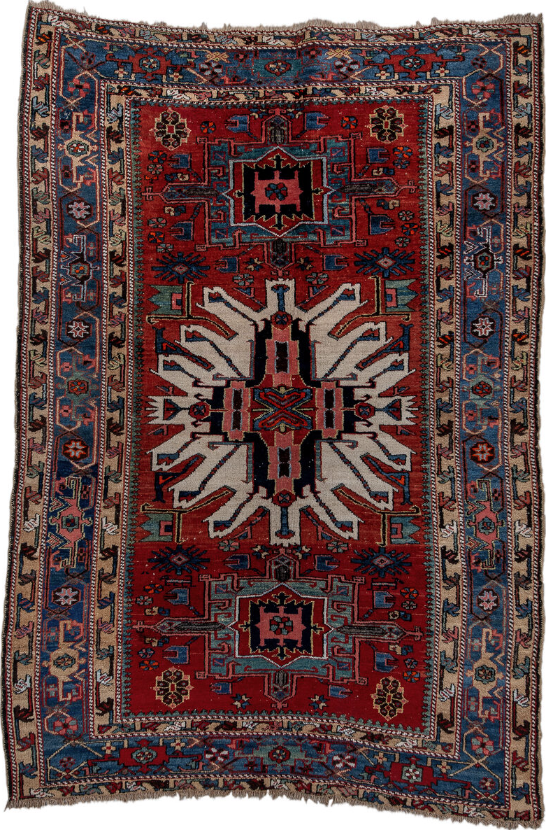 4' x 7' one-of-a-kind handmade vintage Karaje rug. Color palette: blue, brown, gray, light gray, off-white, pink, red