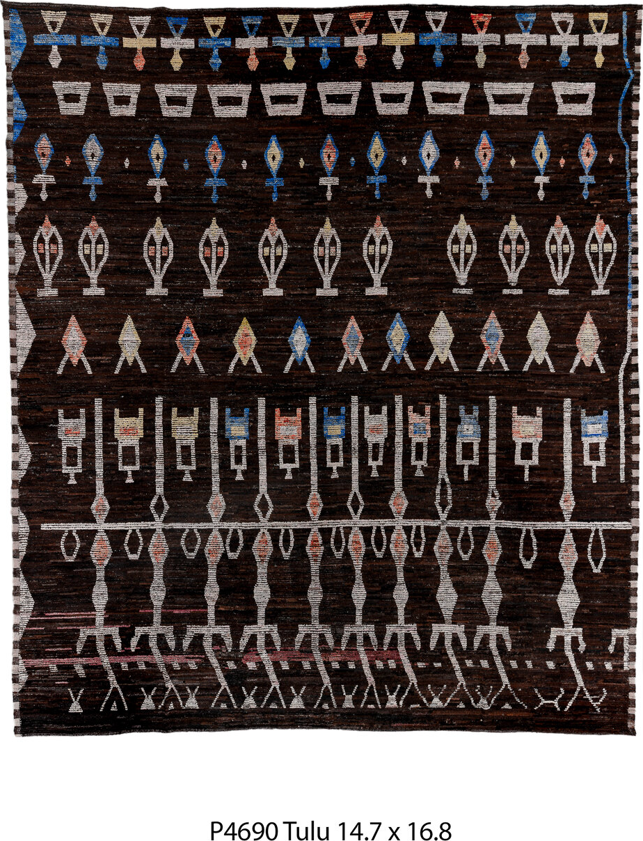 14' x 16' one-of-a-kind handmade vintage Tulu oversize rug. Color palette: black, blue, brown, charcoal, gainsboro, gray