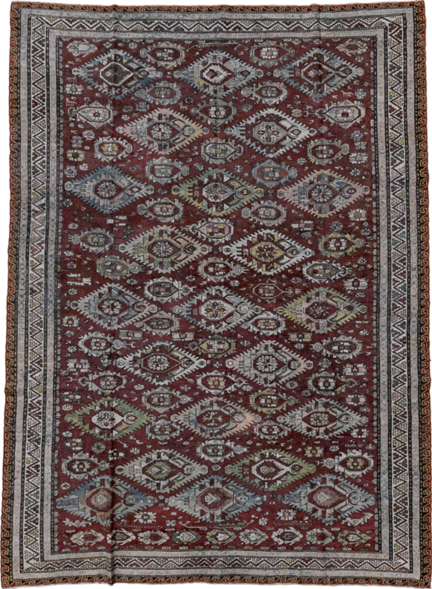 7' x 9' one-of-a-kind handmade vintage Sumak rug. Color palette: black, blue, brown, dark gray, dim gray, gray, light gray