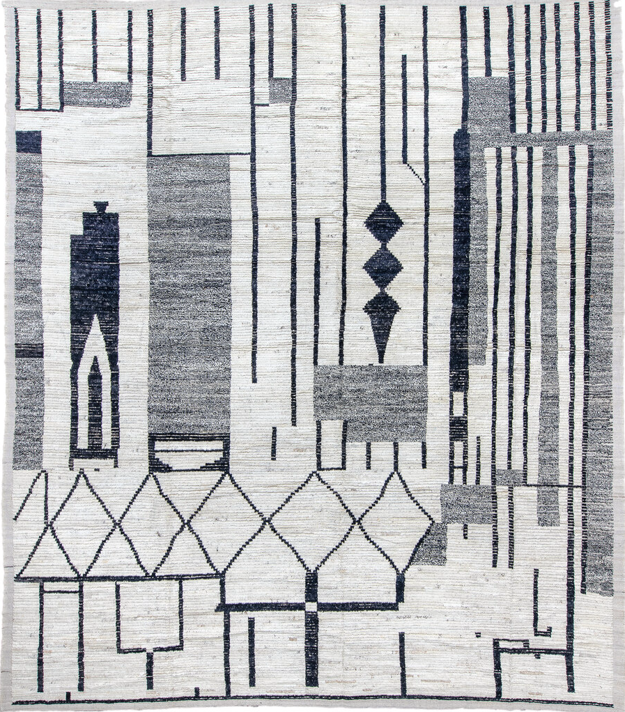 12' x 14' one-of-a-kind handmade vintage Tulu oversize rug. Color palette: blue, dark gray, gainsboro, ghost white, gray