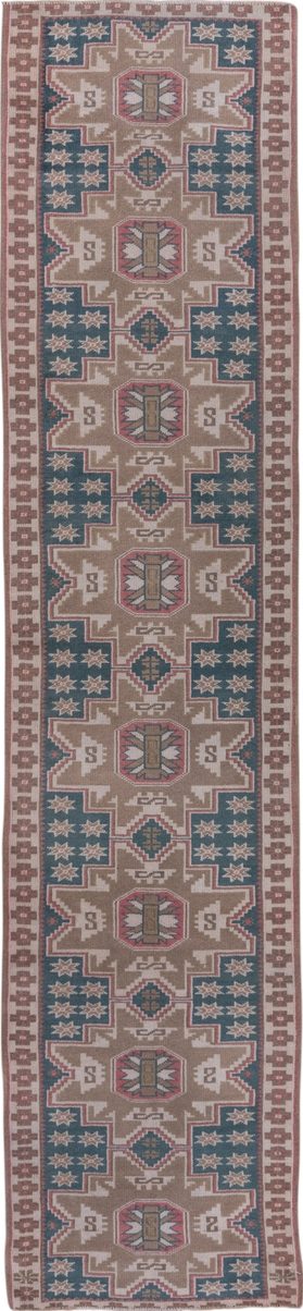 2' x 9' one-of-a-kind handmade vintage Oushak runner rug. Color palette: blue, gray, off-white, pink, snow, white