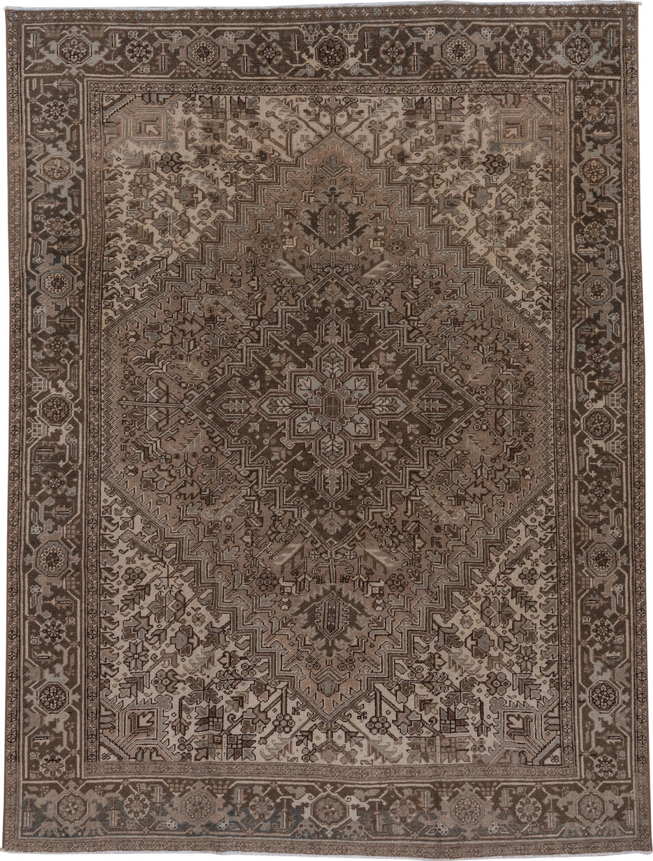 7' x 9' one-of-a-kind handmade vintage Heriz rug. Color palette: brown, gray, off-white, pink, snow, white, whitesmoke