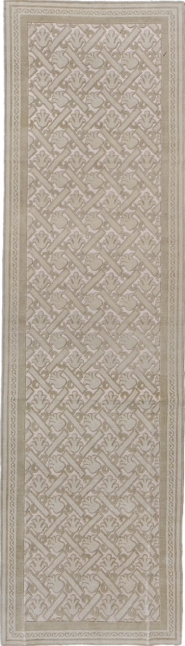 4' x 15' one-of-a-kind handmade vintage Contemporary runner rug. Color palette: gray, light gray, off-white, pink, silver