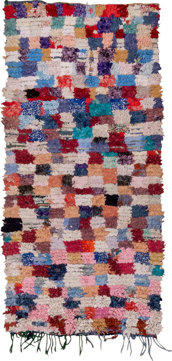 3' x 7' one-of-a-kind handmade vintage Rag Rug runner rug. Color palette: black, blue, brown, gray, green, light blue