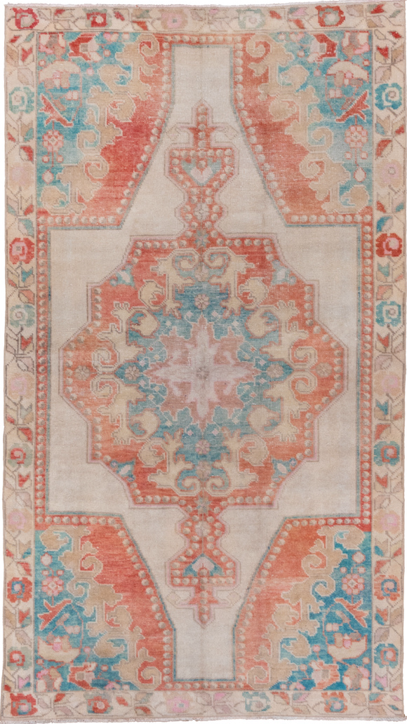 4' x 7' one-of-a-kind handmade vintage Oushak rug. Color palette: blue, brown, gray, light gray, off-white, pink, red
