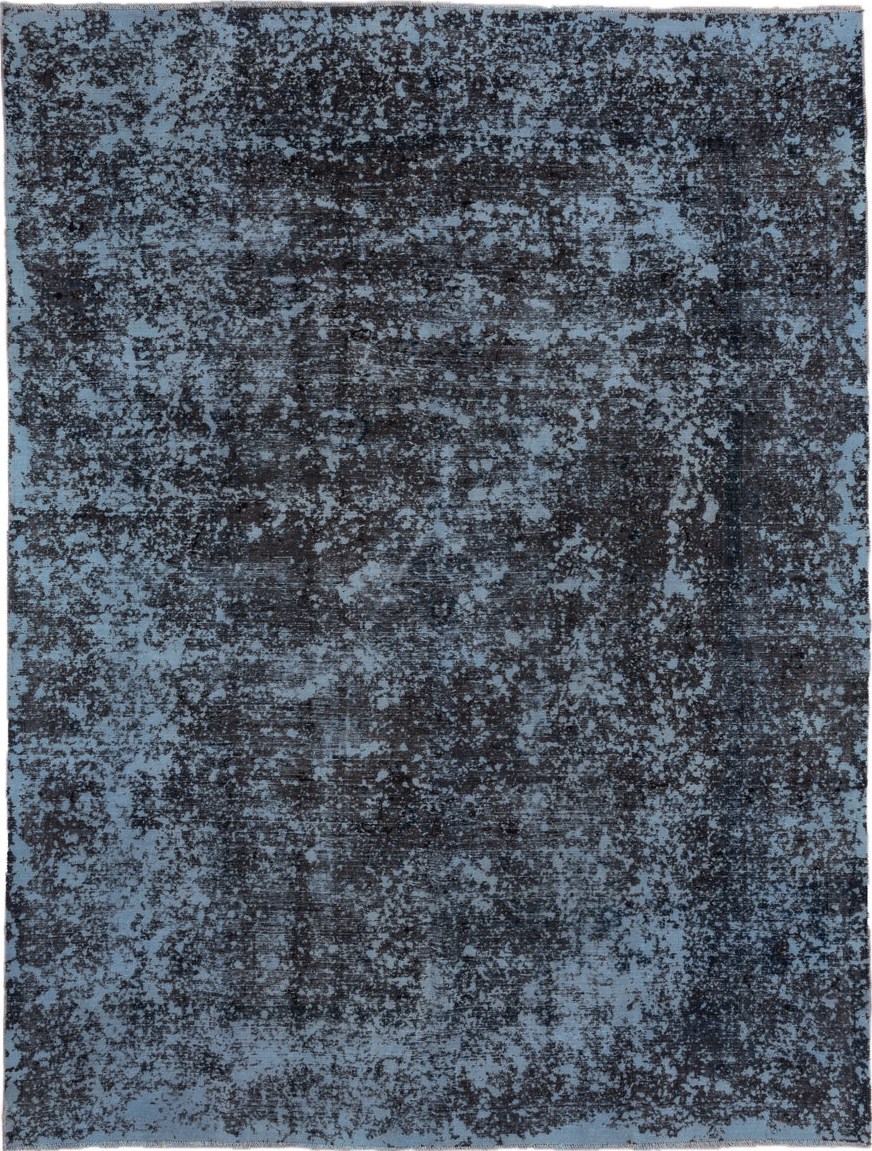 9' x 12' one-of-a-kind handmade vintage Overdyed large size rug. Color palette: black, blue, gray, light slate gray