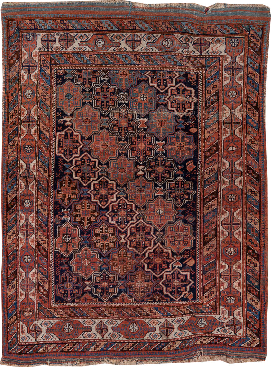 4' x 6' one-of-a-kind handmade vintage Afshar small size rug. Color palette: black, blue, brown, dim gray, gray, pink, red