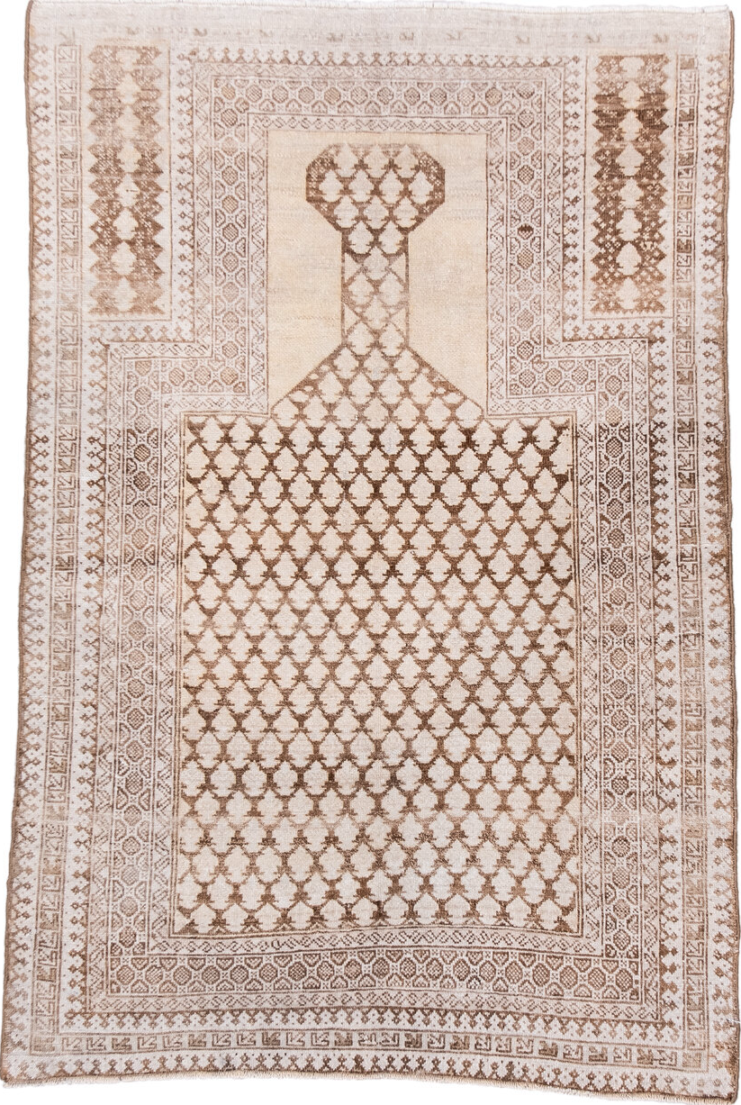3' x 4' one-of-a-kind handmade vintage Belouch small size rug. Color palette: brown, gray, light gray, linen, off-white