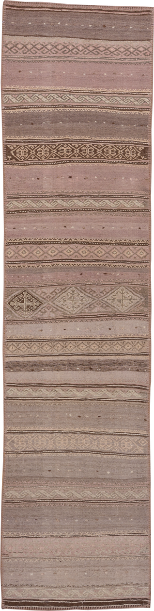 2' x 10' one-of-a-kind handmade vintage Kilim runner rug. Color palette: brown, gray, off-white, pink, snow, white