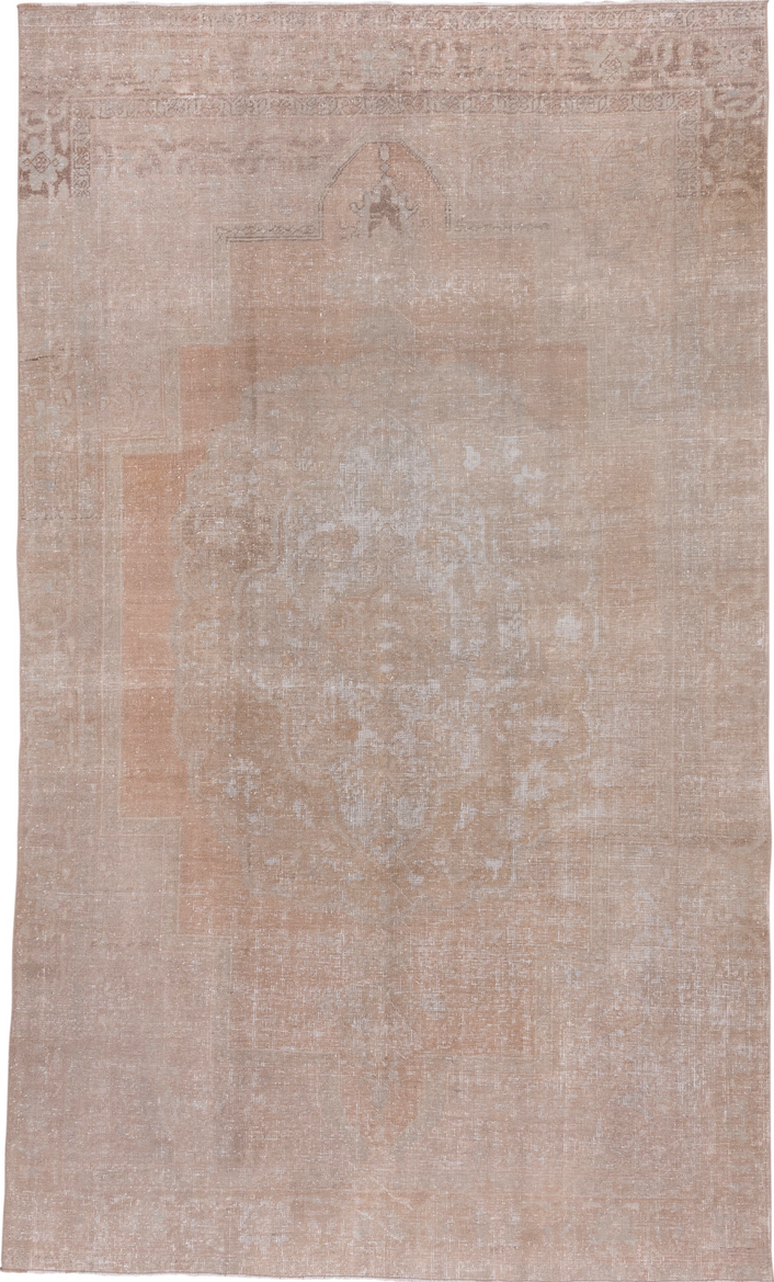 7' x 11' one-of-a-kind handmade vintage Oushak large size rug. Color palette: gainsboro, gray, light gray, off-white, pink