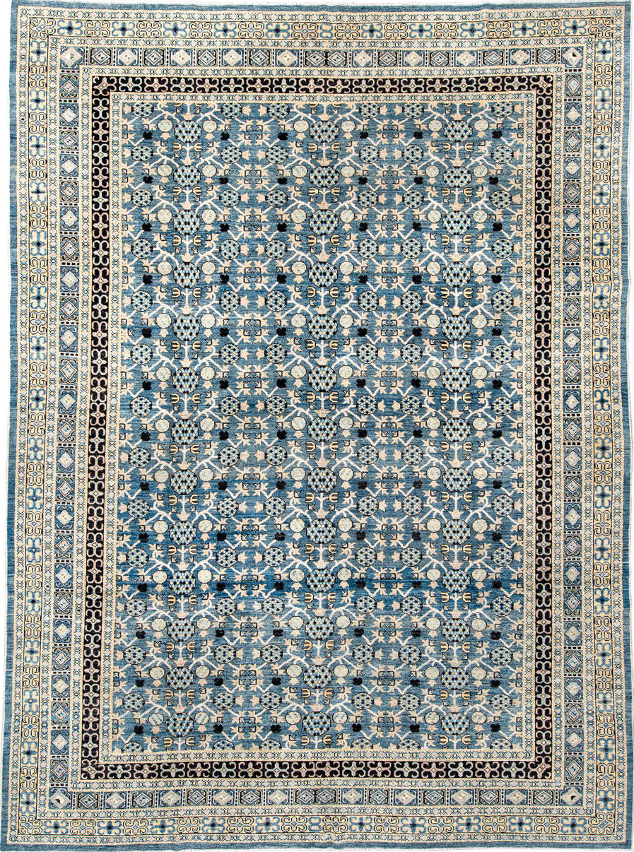 10' x 13' one-of-a-kind handmade vintage Tulu large size rug. Color palette: black, blue, brown, charcoal, dark gray