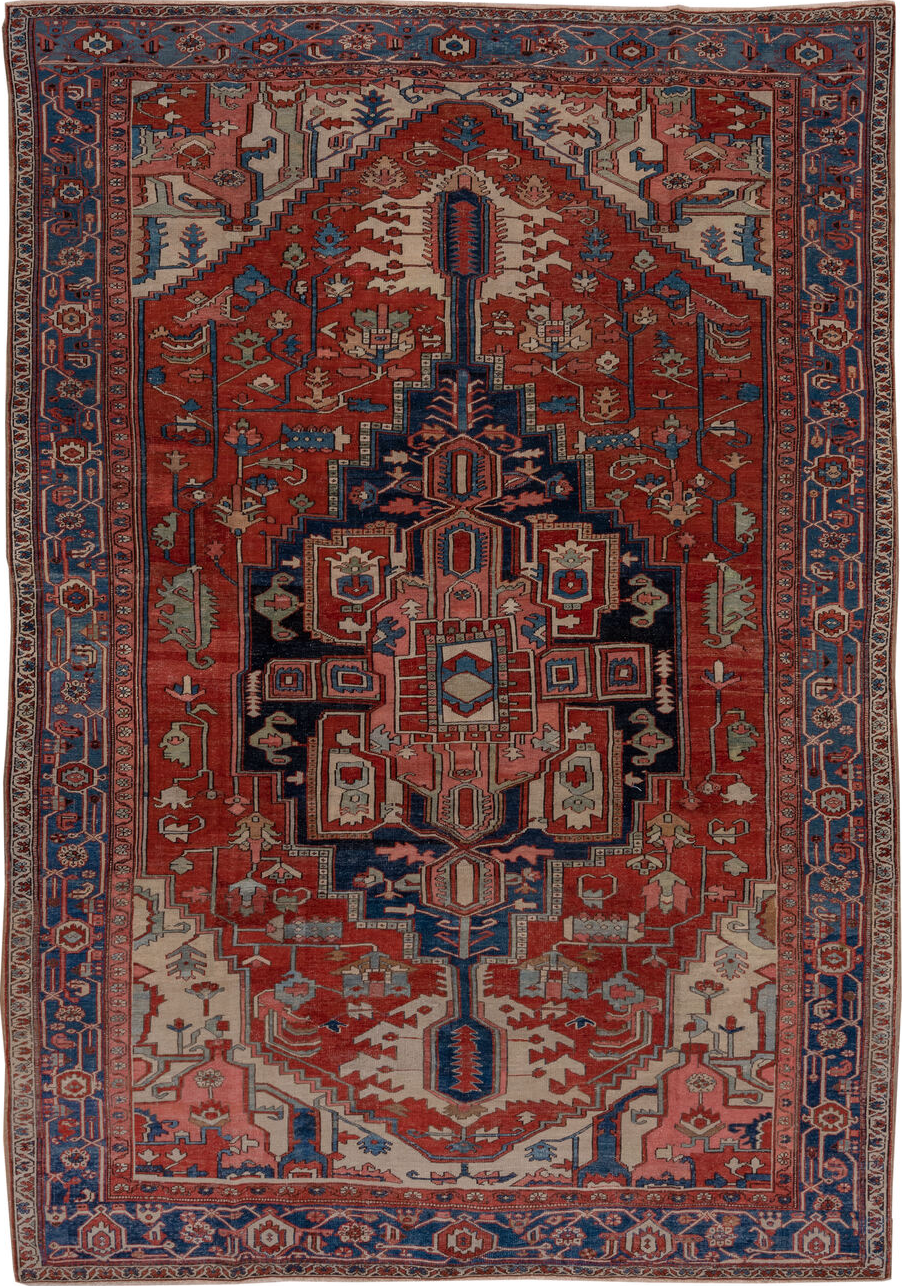 9' x 12' one-of-a-kind handmade vintage Serapi large size rug. Color palette: black, blue, brown, gray, pink, red