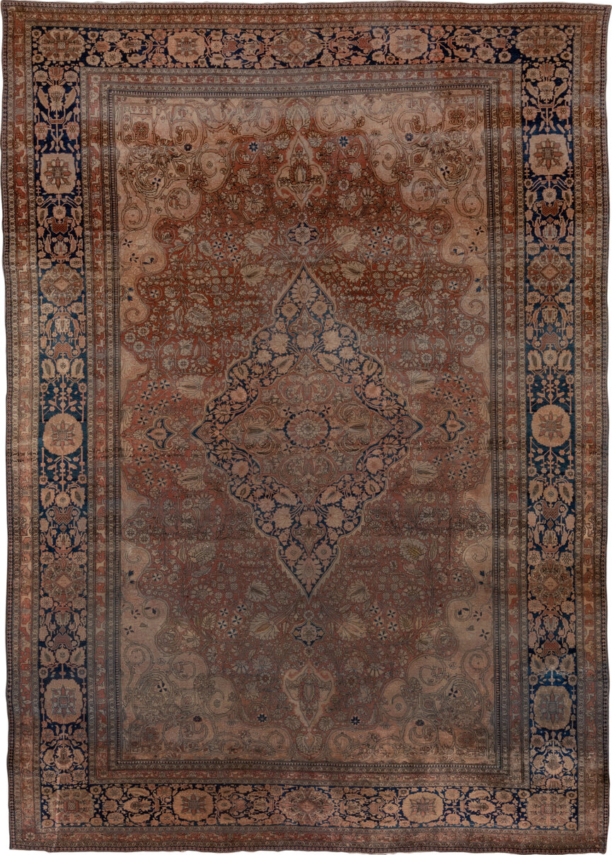 9' x 13' one-of-a-kind handmade vintage Mohtasham Kashan large size rug. Color palette: black, blue, brown, charcoal, gray