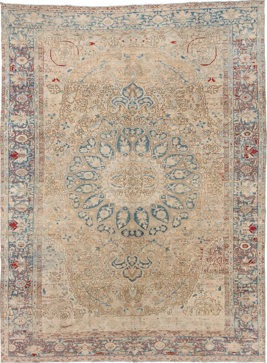 9' x 12' one-of-a-kind handmade vintage Heriz large size rug. Color palette: brown, gray, light gray, off-white, pink, snow