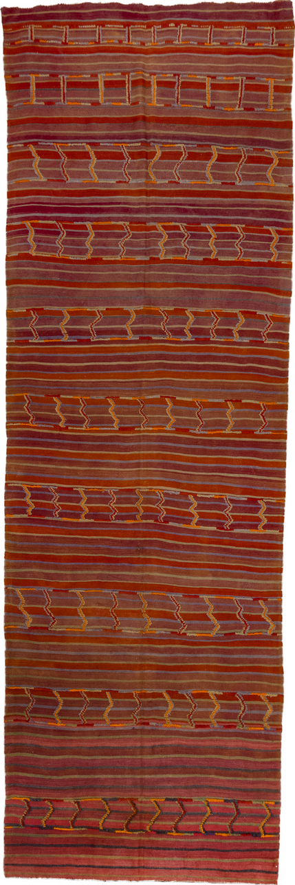 5' x 18' one-of-a-kind handmade vintage Kilim rug. Color palette: brown, gray, pink, red