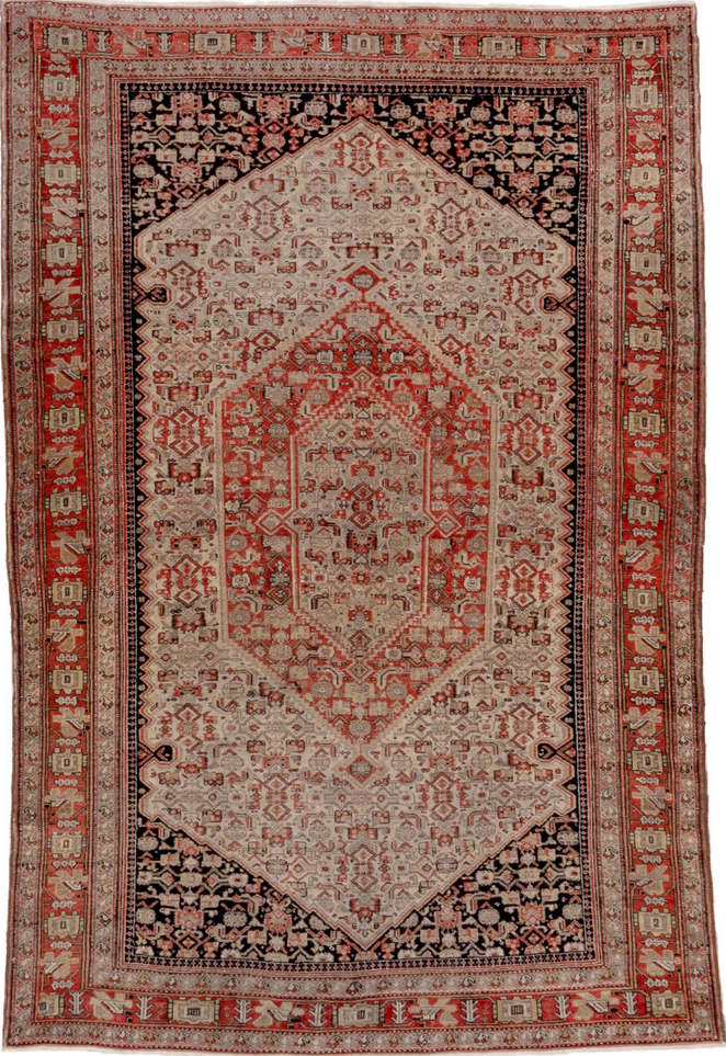 4' x 6' one-of-a-kind handmade vintage Senne small size rug. Color palette: black, brown, gray, pink, red