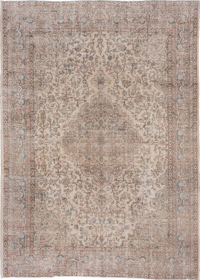 8' x 11' one-of-a-kind handmade vintage Oushak large size rug. Color palette: brown, dim gray, gray, light gray, off-white